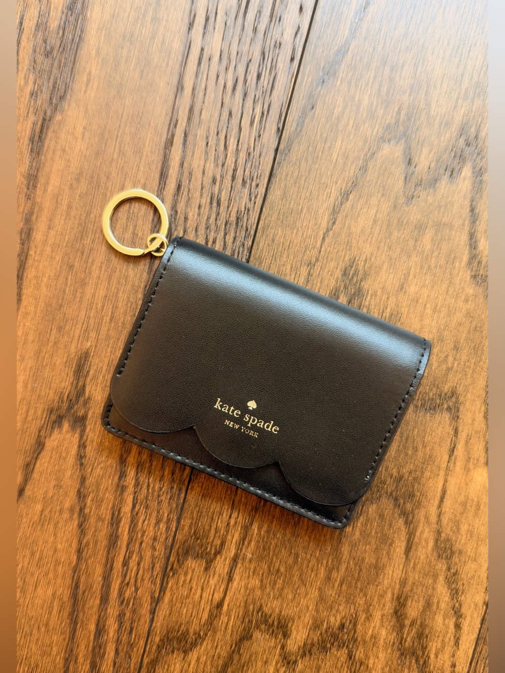kate spade Black Scallop-Edge Leather Card Holder with Gold Key Ring